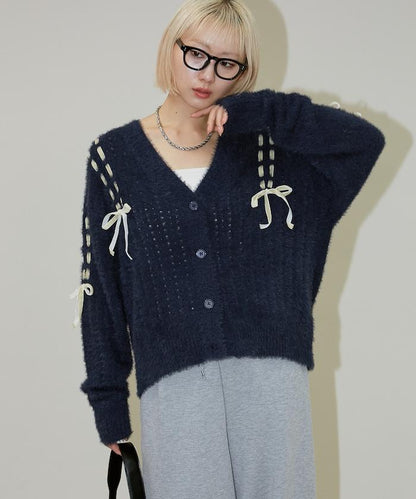 天鵝絨蝴蝶結編織羽毛針織開衫