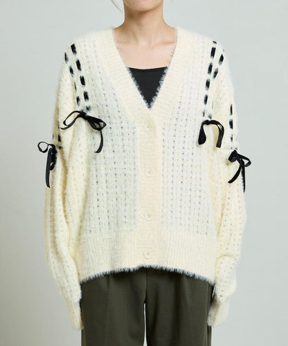 天鵝絨蝴蝶結編織羽毛針織開衫