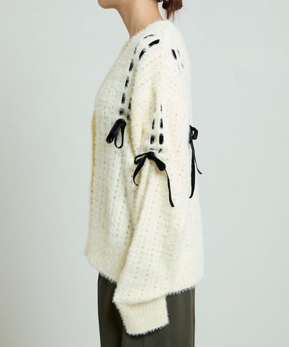 天鵝絨蝴蝶結編織羽毛針織開衫