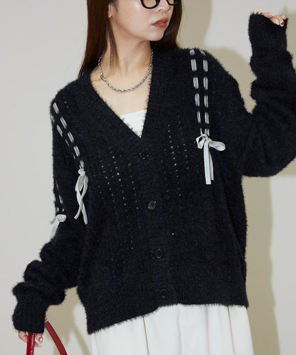 天鵝絨蝴蝶結編織羽毛針織開衫