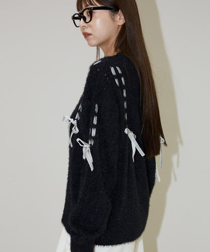 天鵝絨蝴蝶結編織羽毛針織開衫