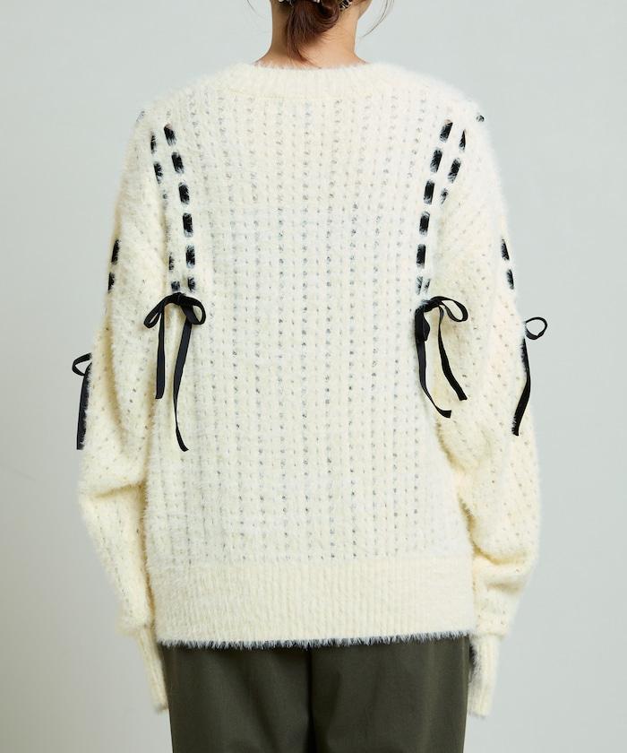 天鵝絨蝴蝶結編織羽毛針織開衫