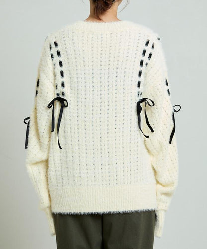 天鵝絨蝴蝶結編織羽毛針織開衫