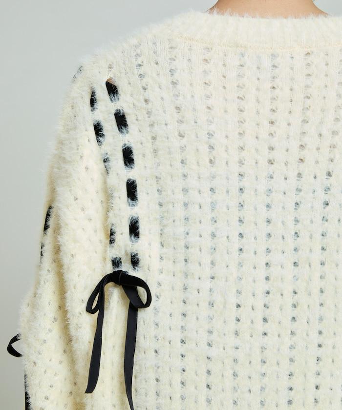 天鵝絨蝴蝶結編織羽毛針織開衫