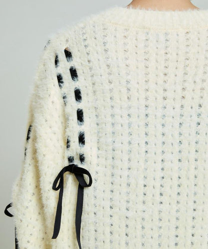 天鵝絨蝴蝶結編織羽毛針織開衫