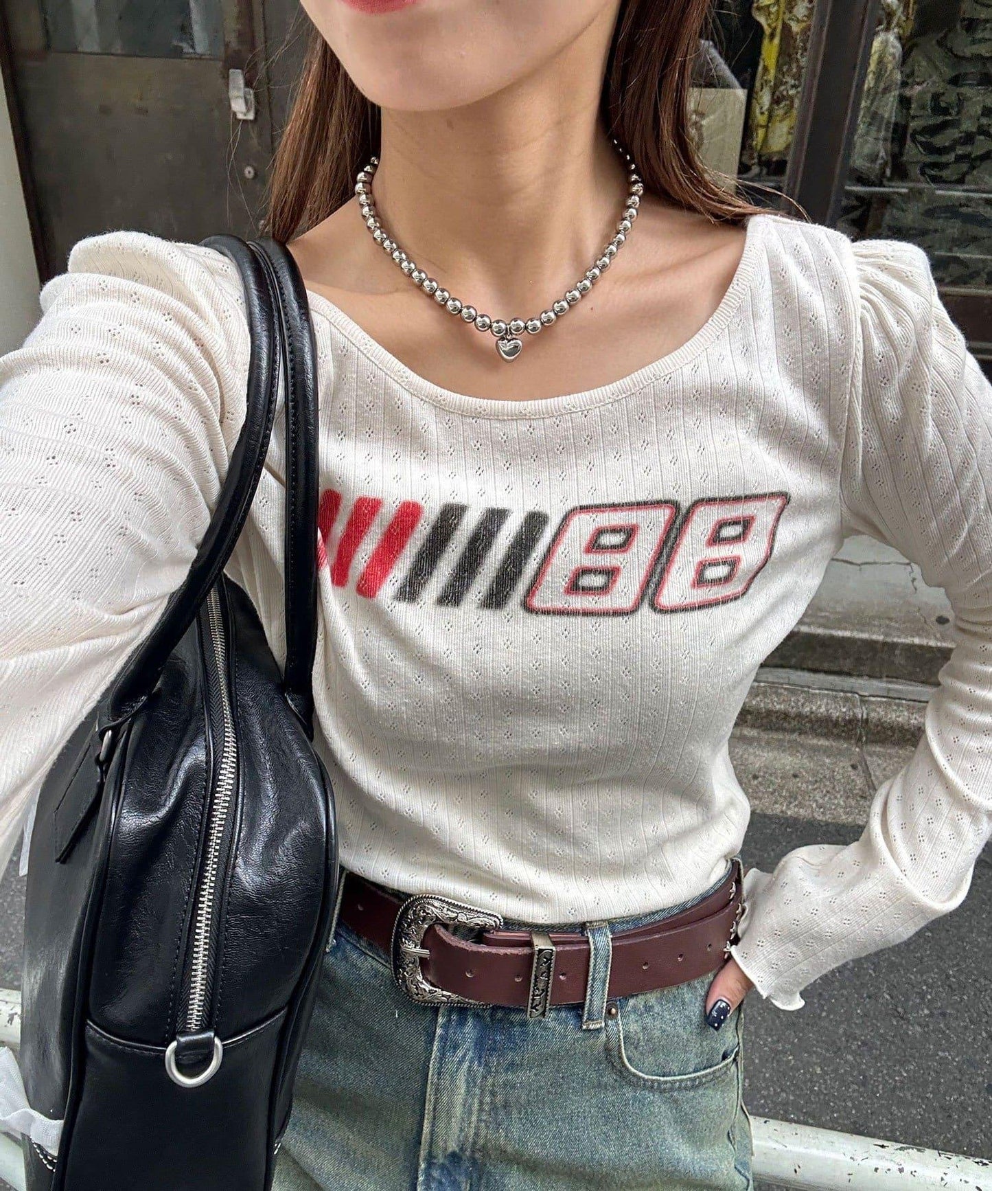 蕾絲拼接標誌修身上衣