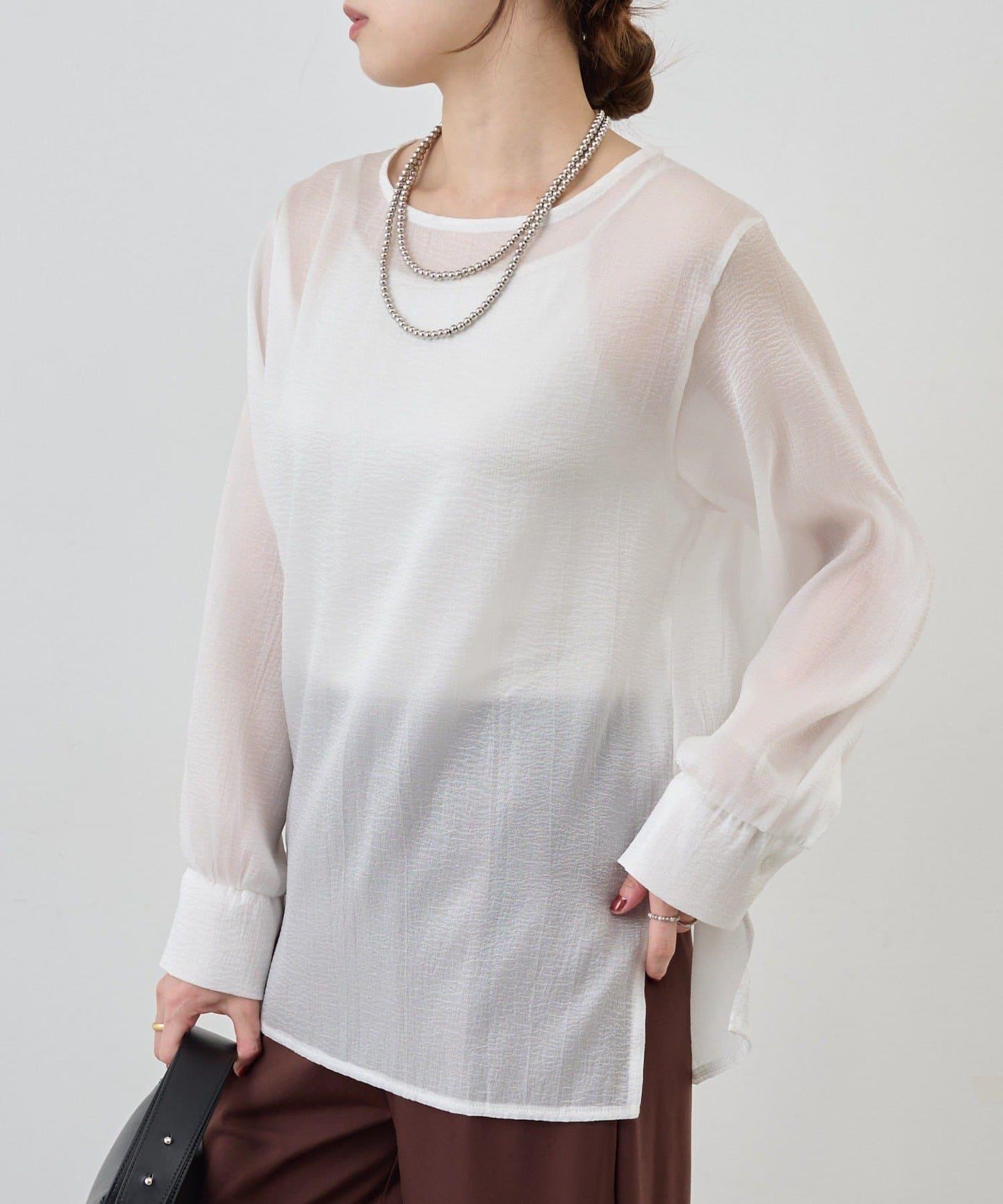 側開衩透視長款上衣