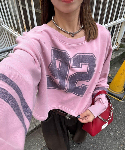 抽繩下襬數字印花短款衛衣