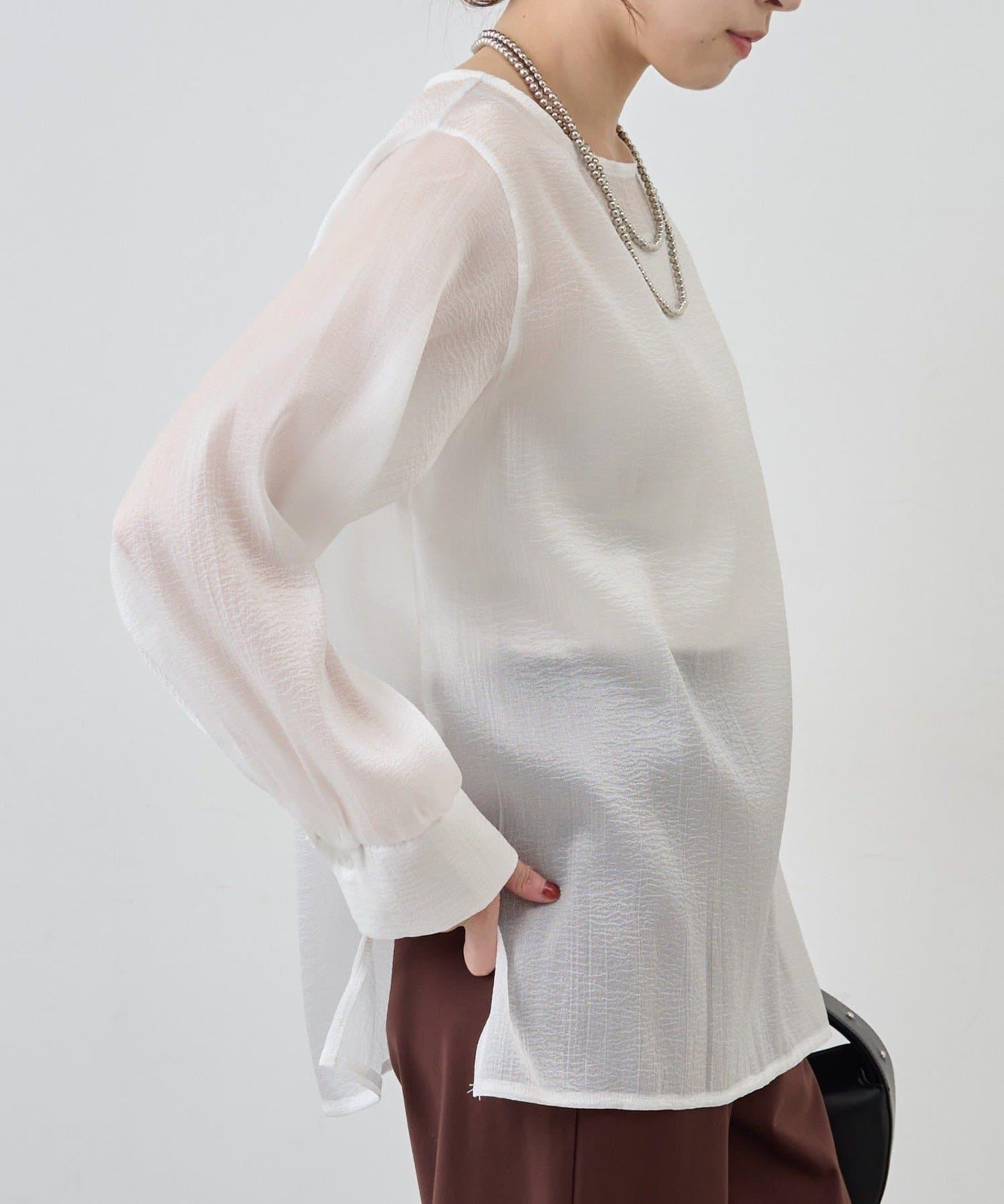 側開衩透視長款上衣
