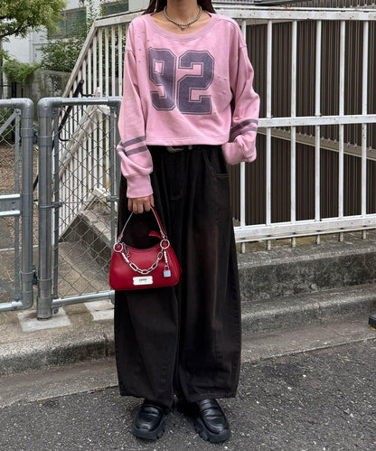 抽繩下襬數字印花短款衛衣