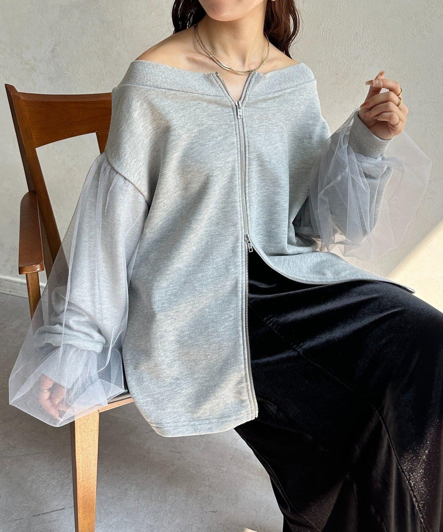 袖部網紗雙拉鍊衛衣