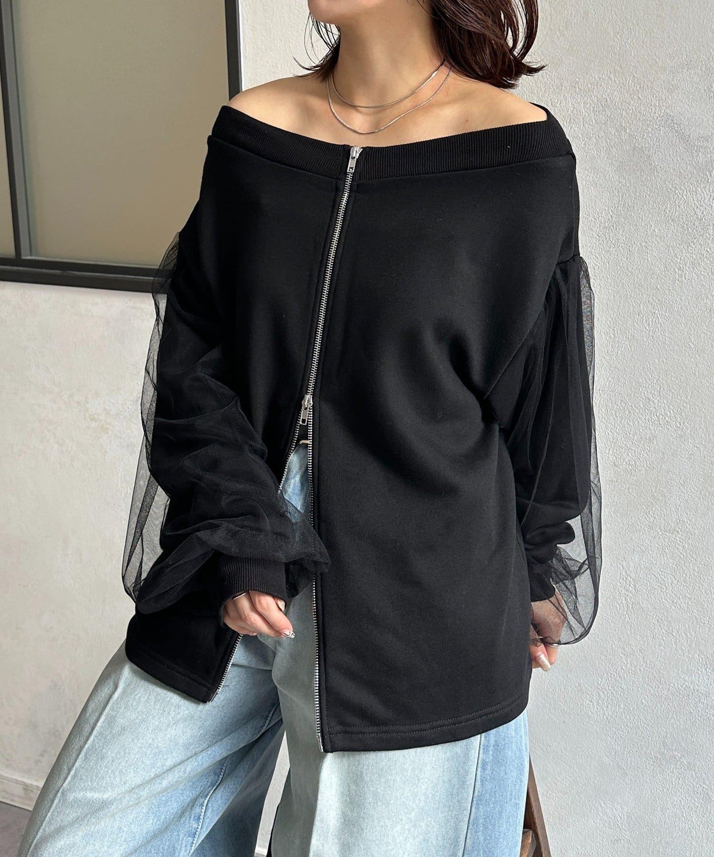 袖部網紗雙拉鍊衛衣