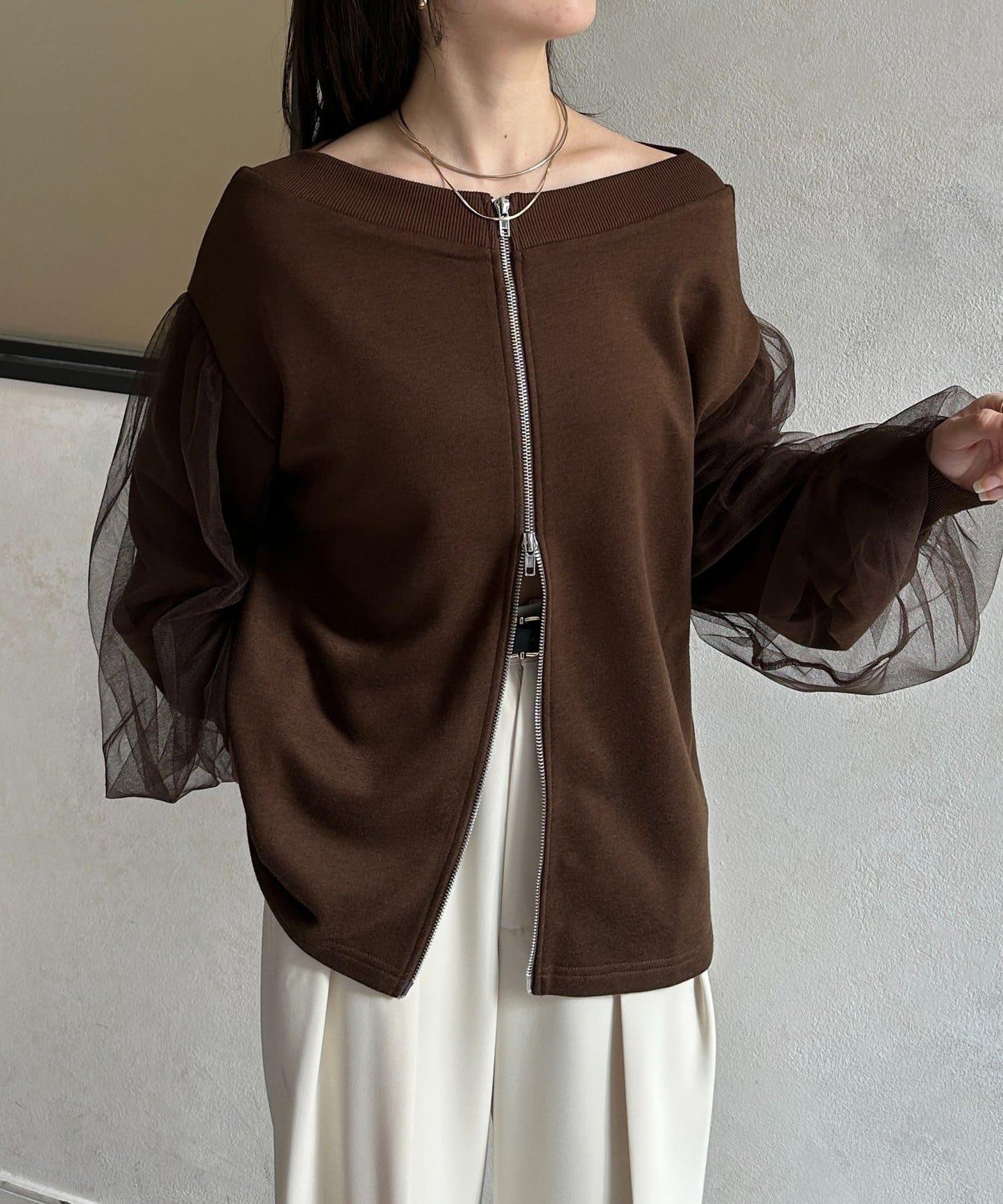 袖部網紗雙拉鍊衛衣