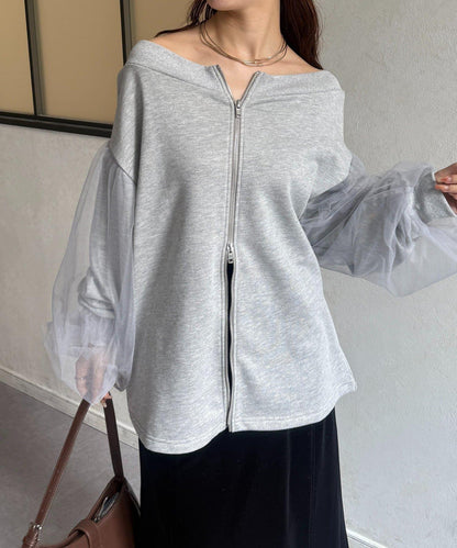 袖部網紗雙拉鍊衛衣