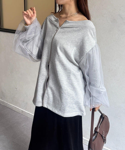 袖部網紗雙拉鍊衛衣
