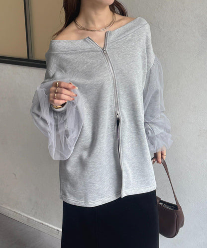 袖部網紗雙拉鍊衛衣