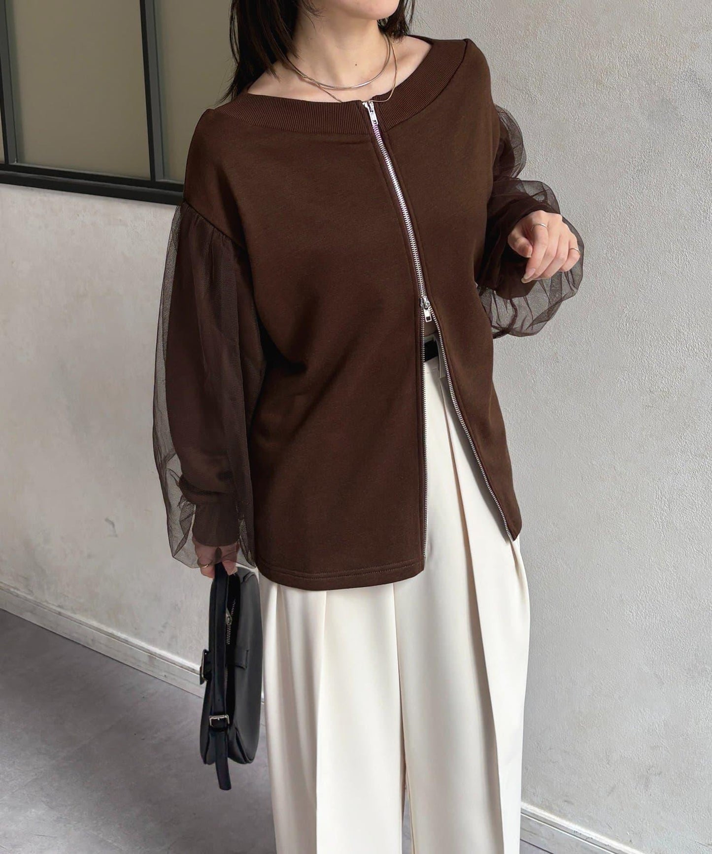 袖部網紗雙拉鍊衛衣