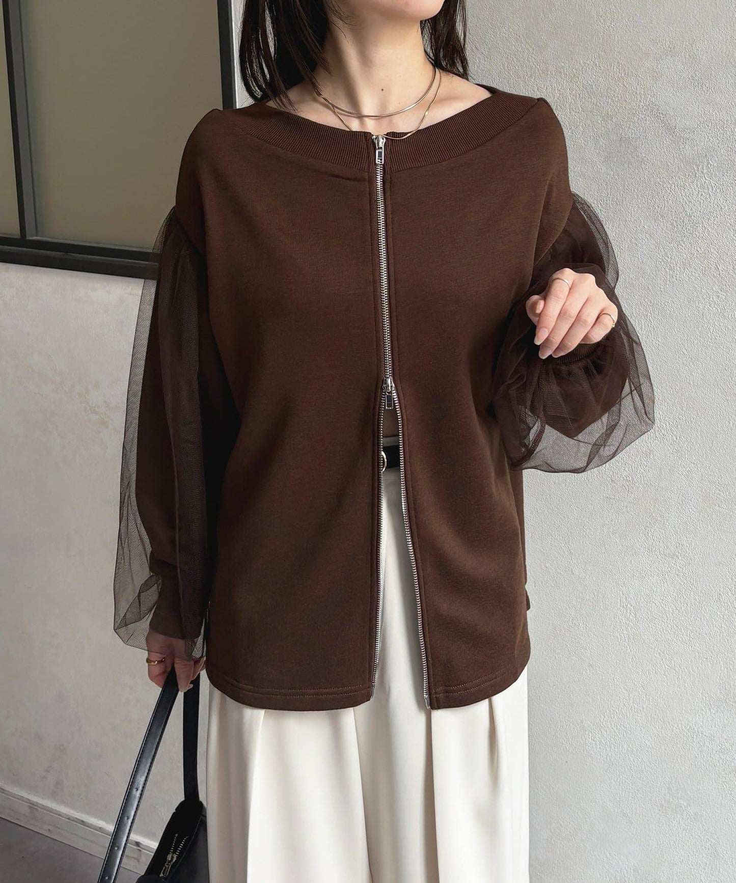 袖部網紗雙拉鍊衛衣