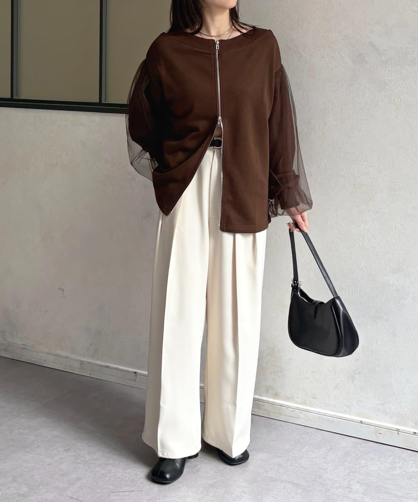 袖部網紗雙拉鍊衛衣