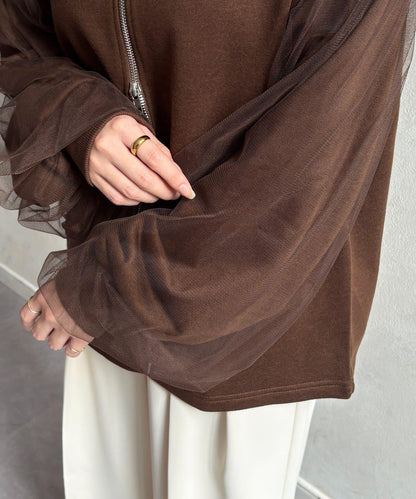 袖部網紗雙拉鍊衛衣