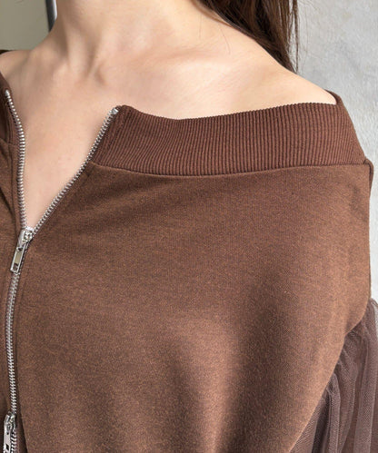 袖部網紗雙拉鍊衛衣