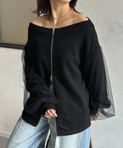 袖部網紗雙拉鍊衛衣