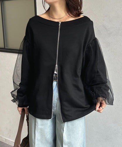袖部網紗雙拉鍊衛衣