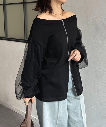袖部網紗雙拉鍊衛衣