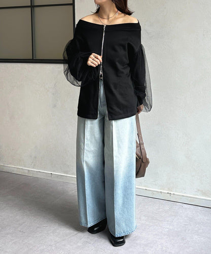 袖部網紗雙拉鍊衛衣