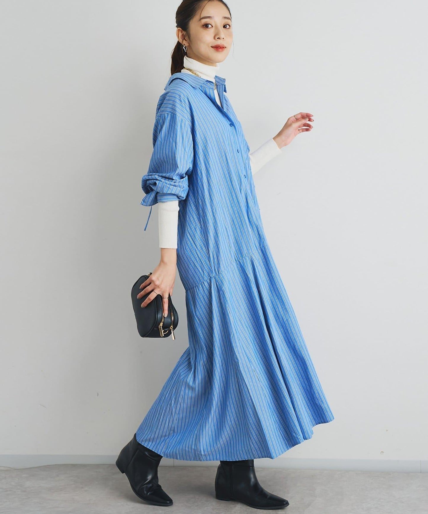 主打款條紋美人魚襯衫連衣裙