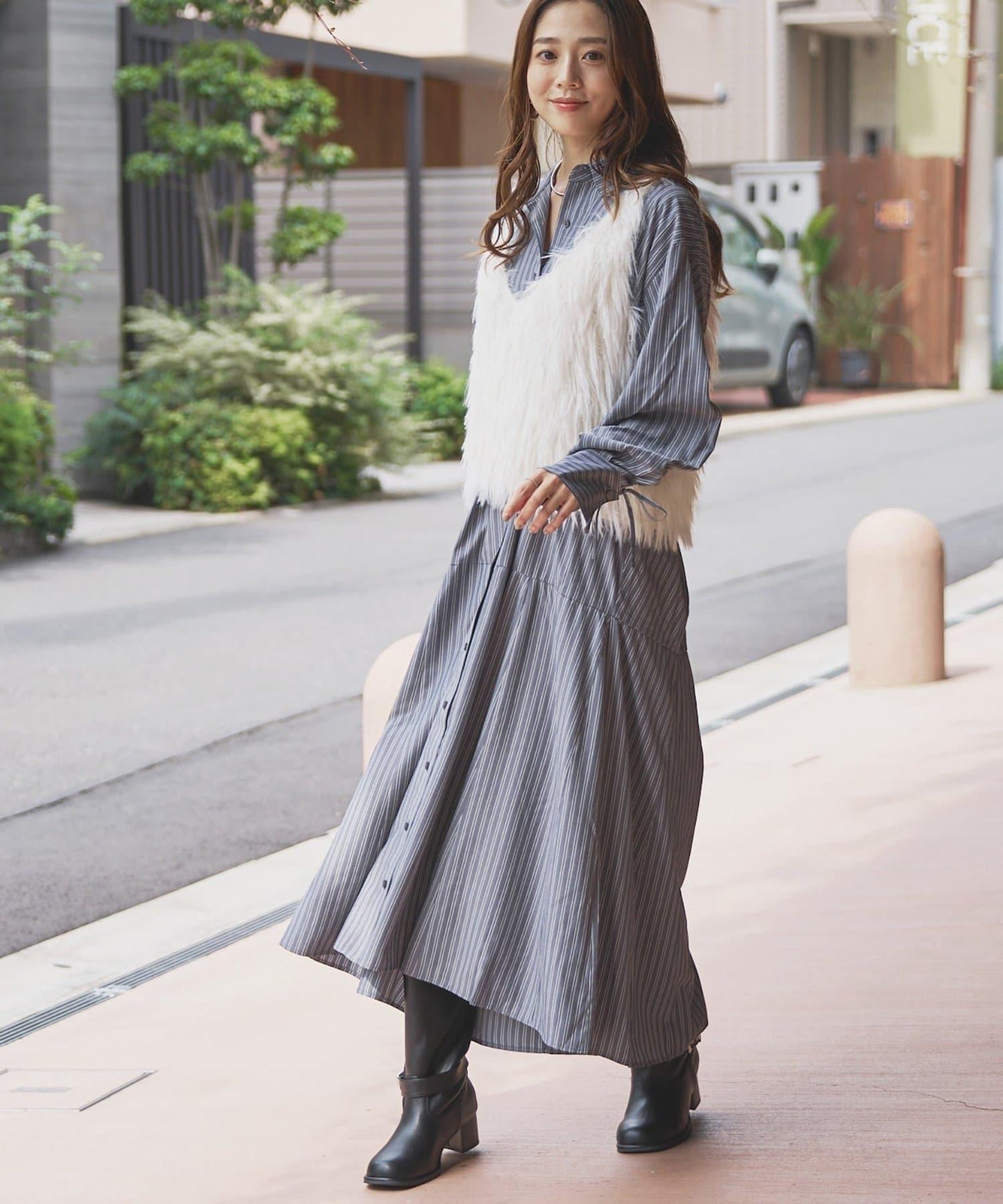 主打款條紋美人魚襯衫連衣裙