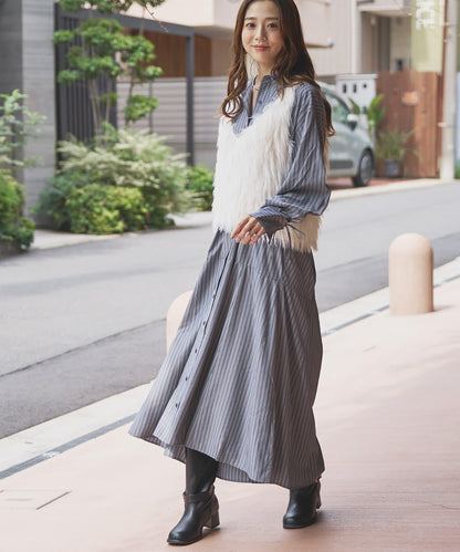 主打款條紋美人魚襯衫連衣裙