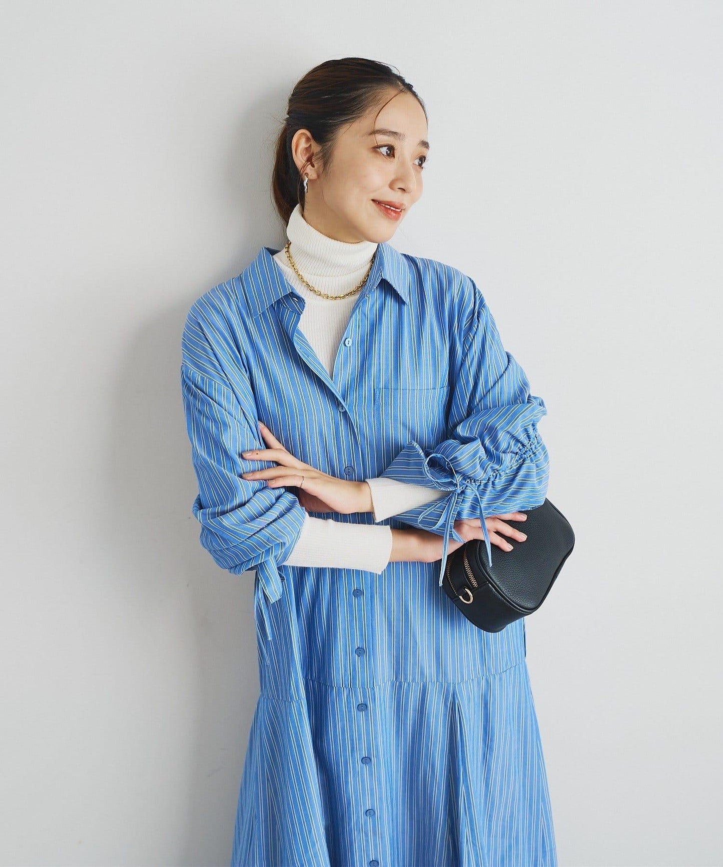 主打款條紋美人魚襯衫連衣裙