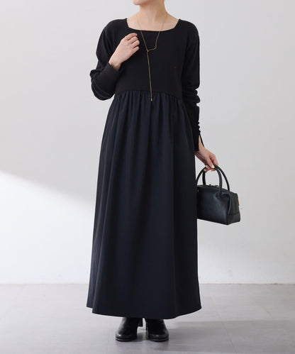 針織拼接喇叭連衣裙