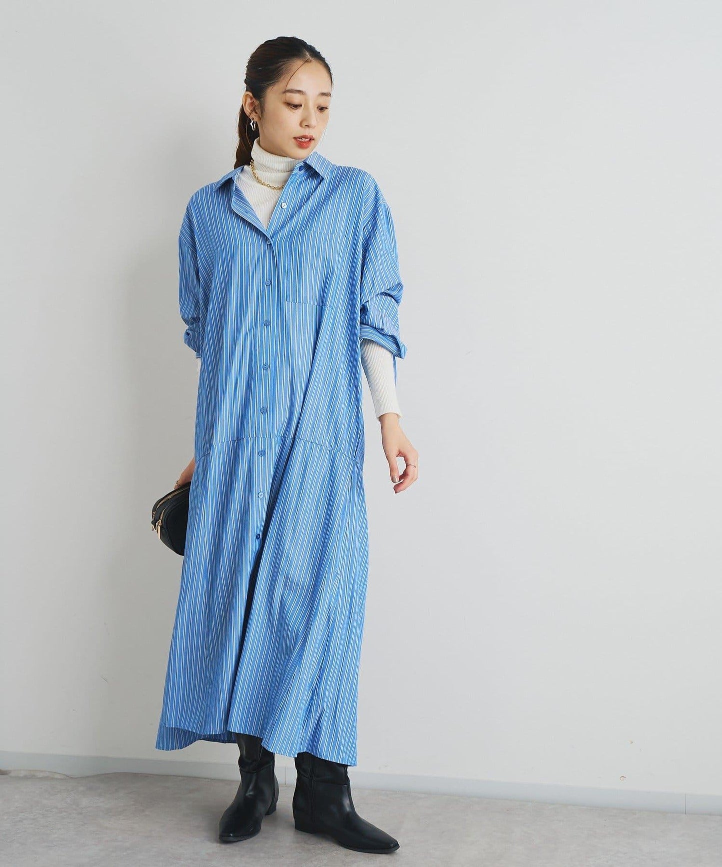 主打款條紋美人魚襯衫連衣裙