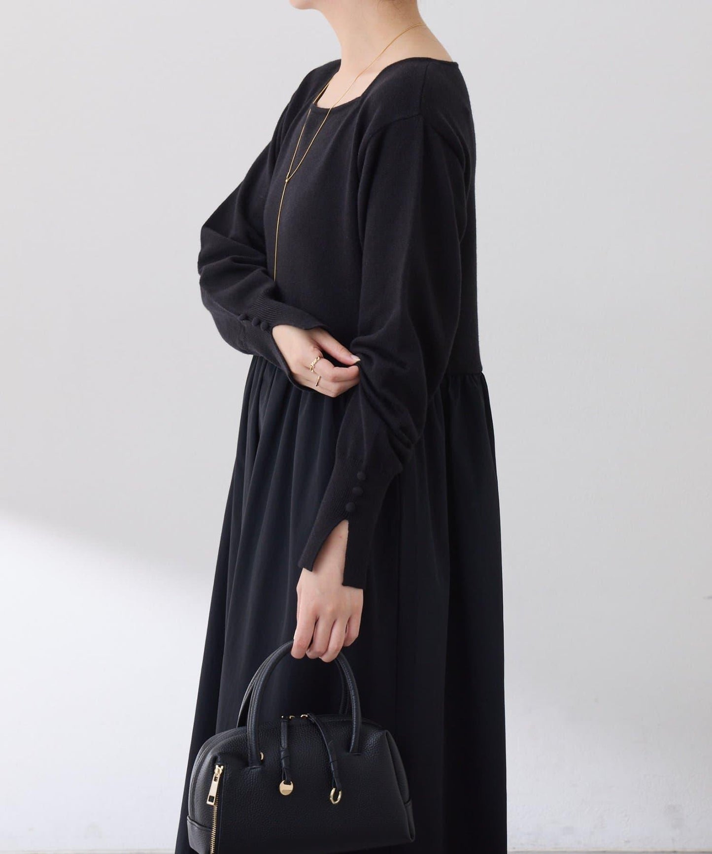 針織拼接喇叭連衣裙