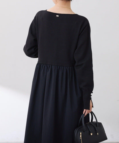 針織拼接喇叭連衣裙