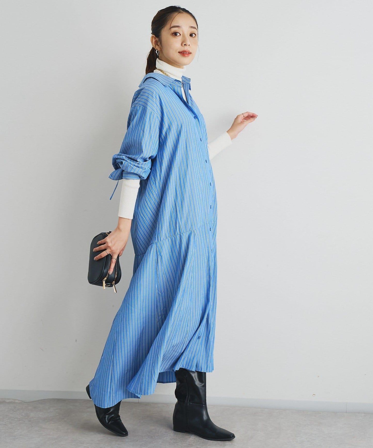 主打款條紋美人魚襯衫連衣裙