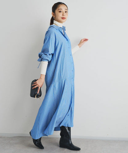 主打款條紋美人魚襯衫連衣裙