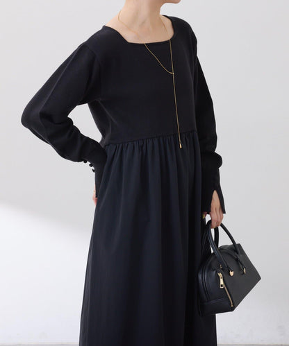 針織拼接喇叭連衣裙
