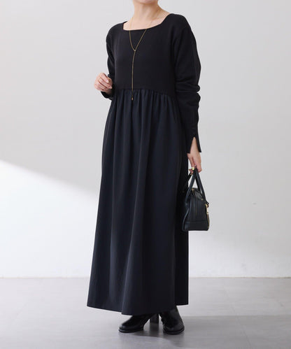 針織拼接喇叭連衣裙