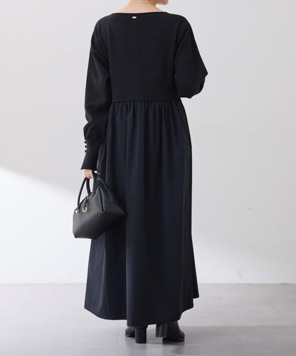 針織拼接喇叭連衣裙