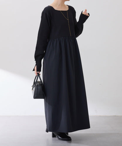 針織拼接喇叭連衣裙