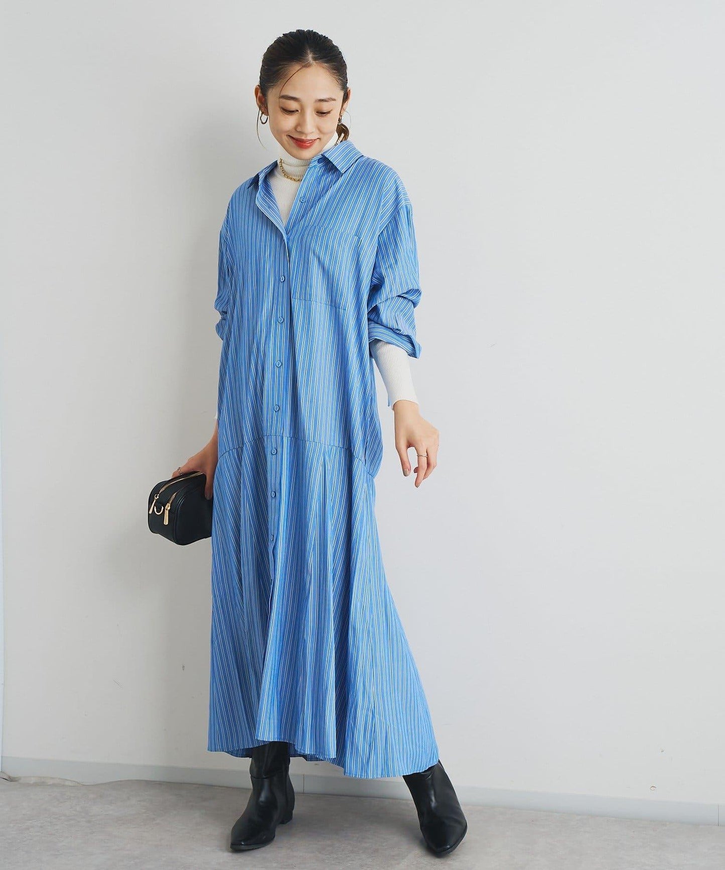 主打款條紋美人魚襯衫連衣裙