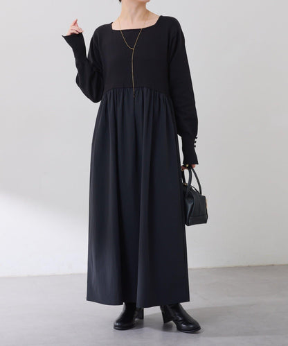 針織拼接喇叭連衣裙