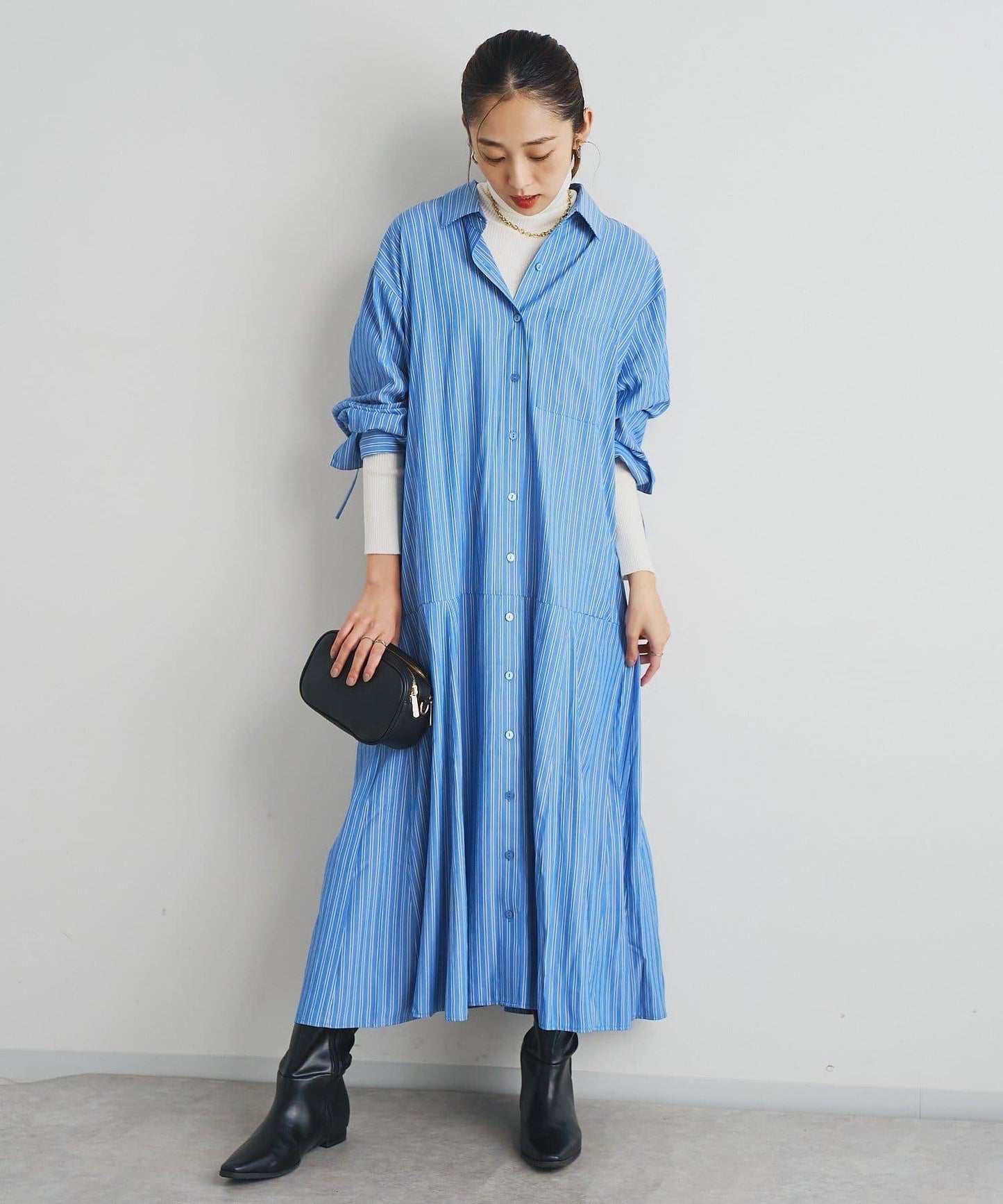 主打款條紋美人魚襯衫連衣裙