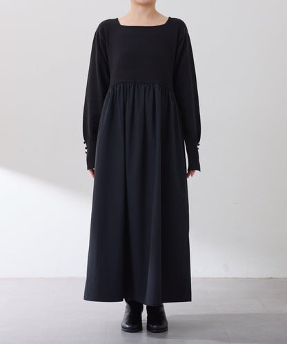 針織拼接喇叭連衣裙