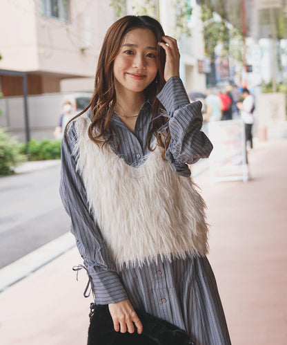 主打款條紋美人魚襯衫連衣裙