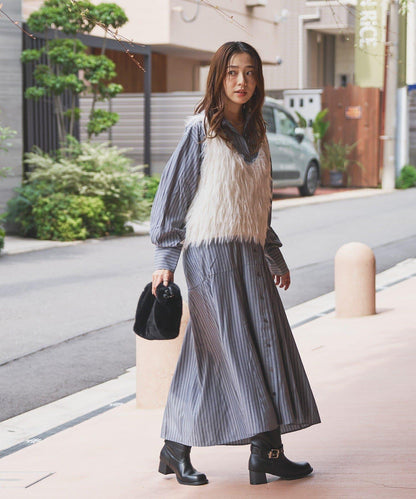 主打款條紋美人魚襯衫連衣裙