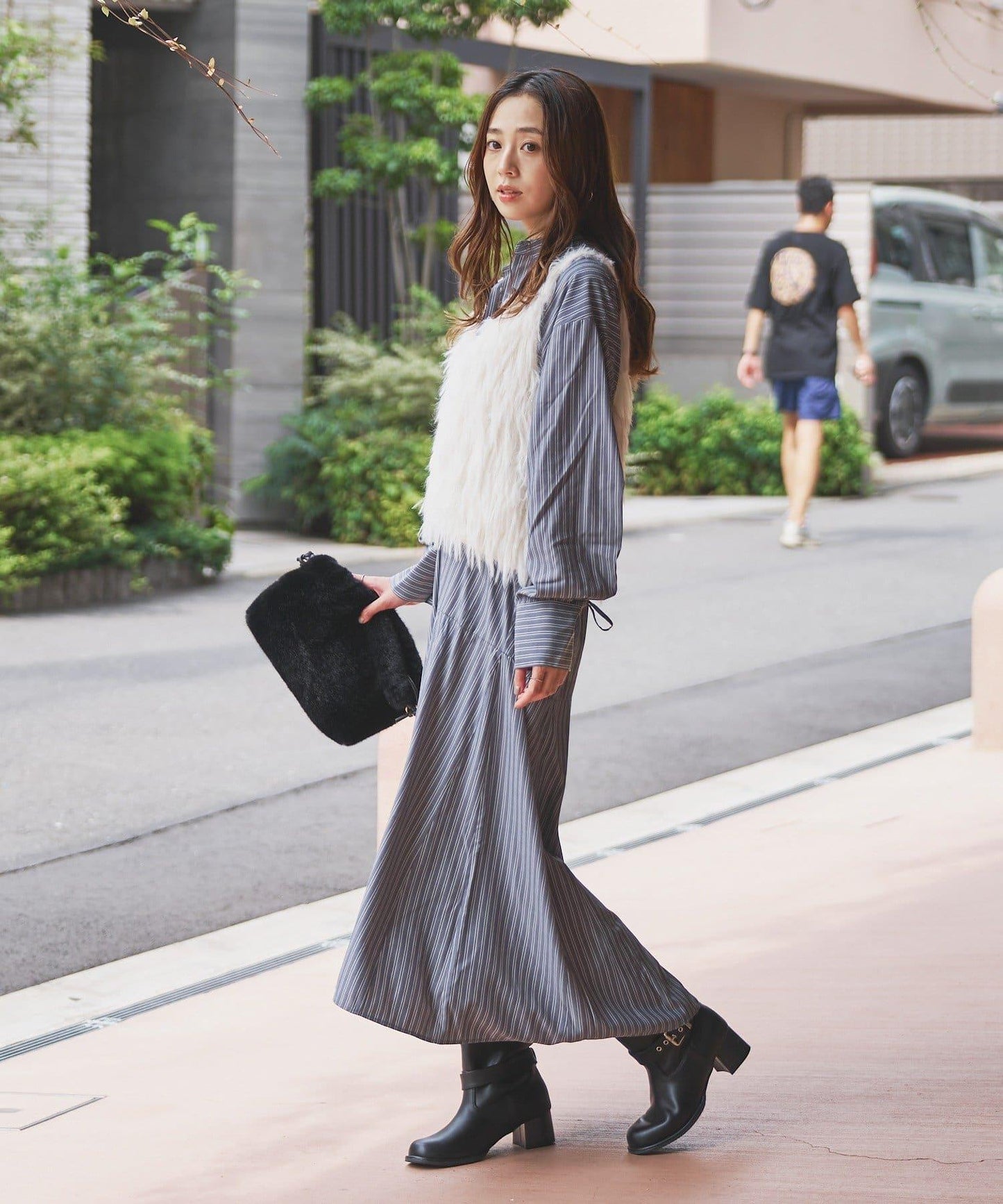 主打款條紋美人魚襯衫連衣裙